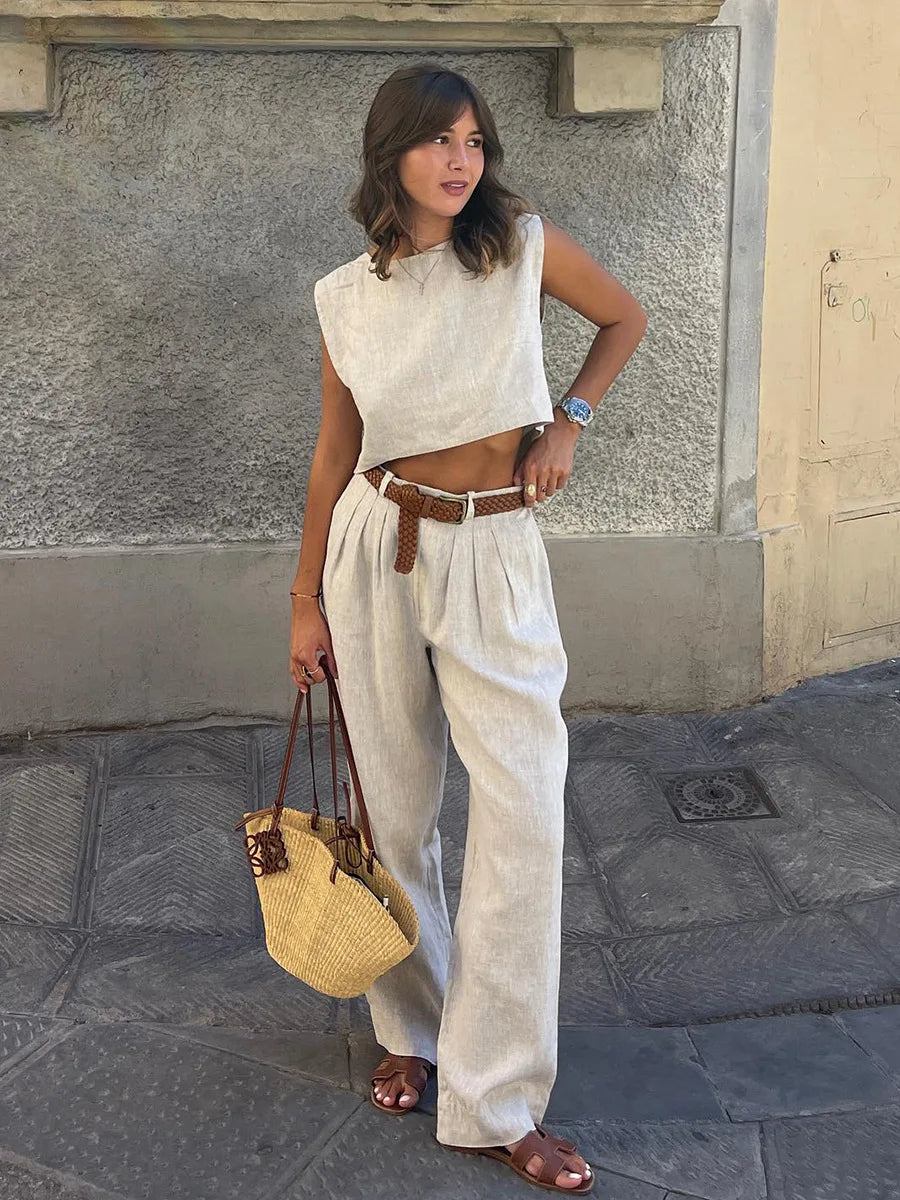 Bornladies Cotton Linen Vest Pants Set