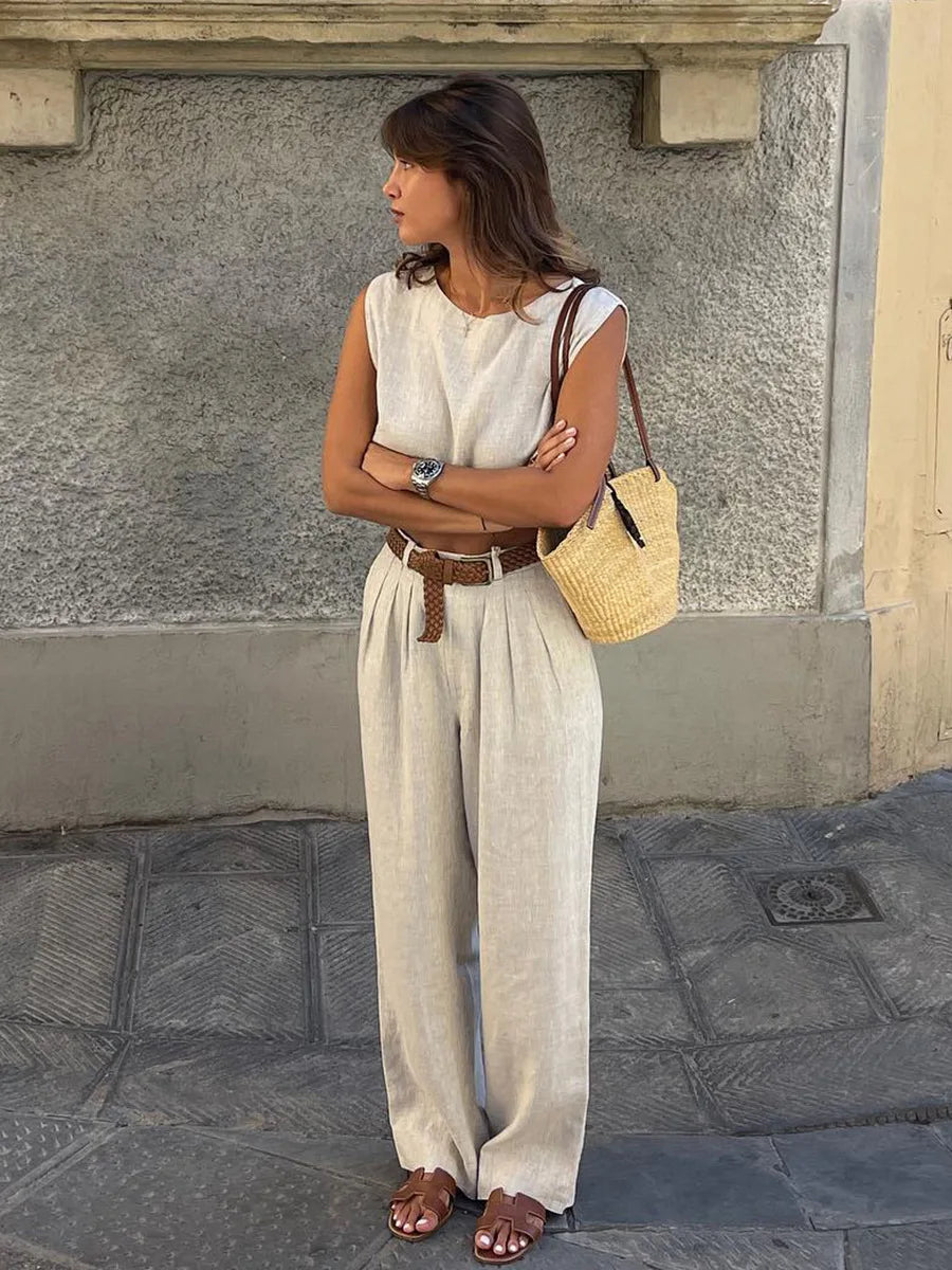 Bornladies Cotton Linen Vest Pants Set