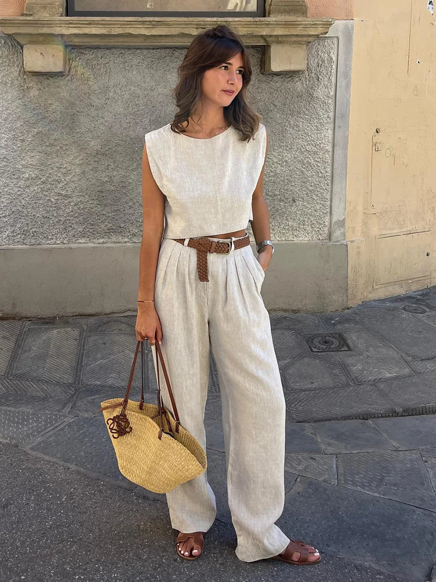 Bornladies Cotton Linen Vest Pants Set